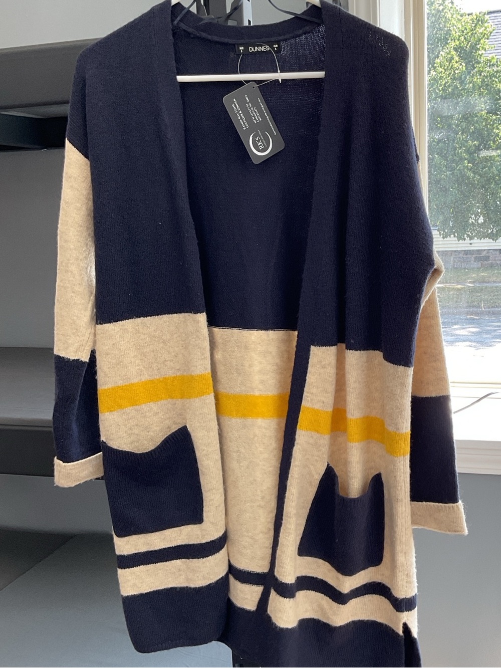 Striped Open-Front Cardigan in Navy, Cream & Yellow - DUNNES